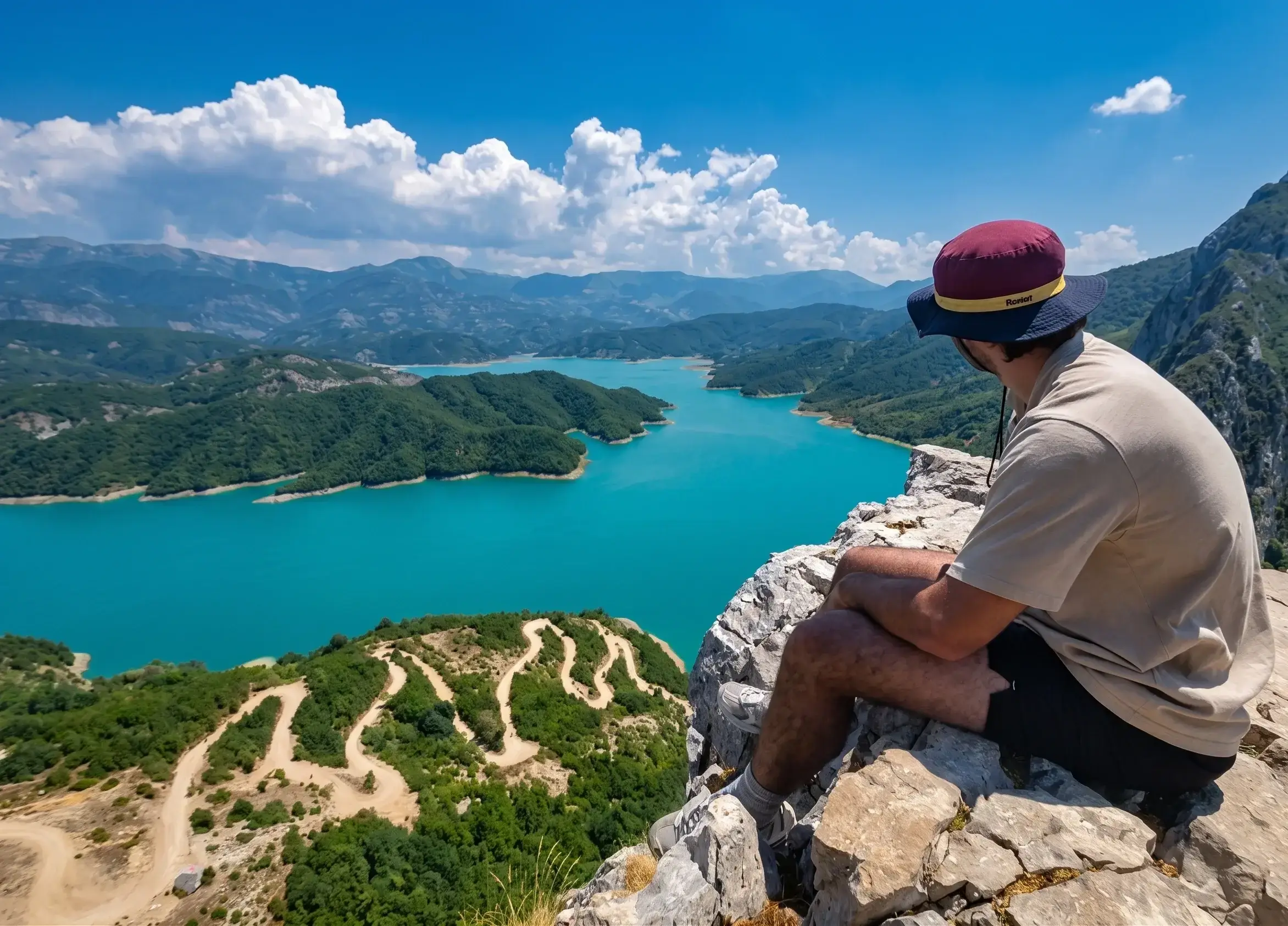 A hiker sits on a rocky outcrop above Lake Bovilla, looking out across the turquoise reservoir and the surrounding mountains.