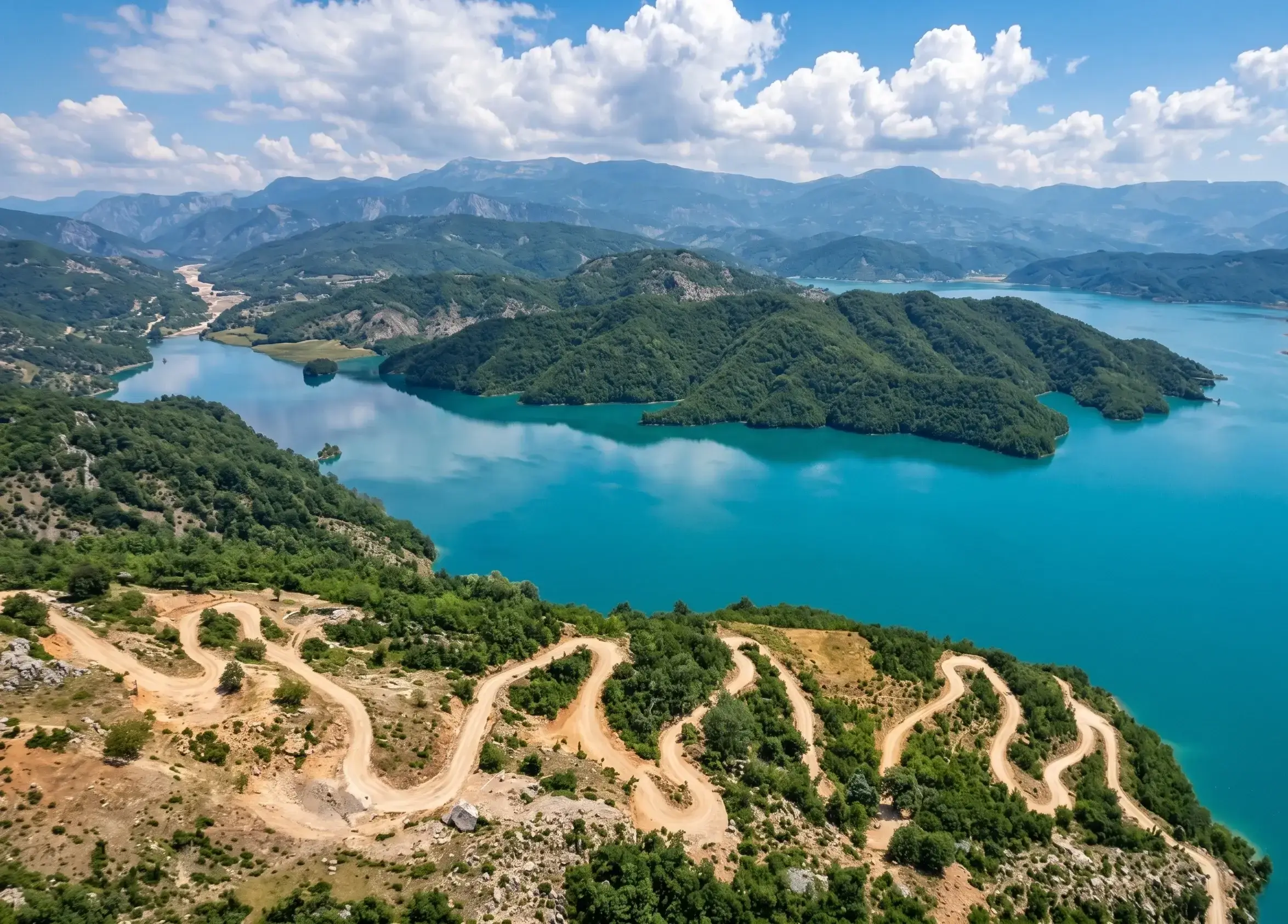Aerial view of the switchback mountain road leading down to the turquoise waters of Lake Bovilla — the dirt track only 4×4 vehicles handle comfortably.