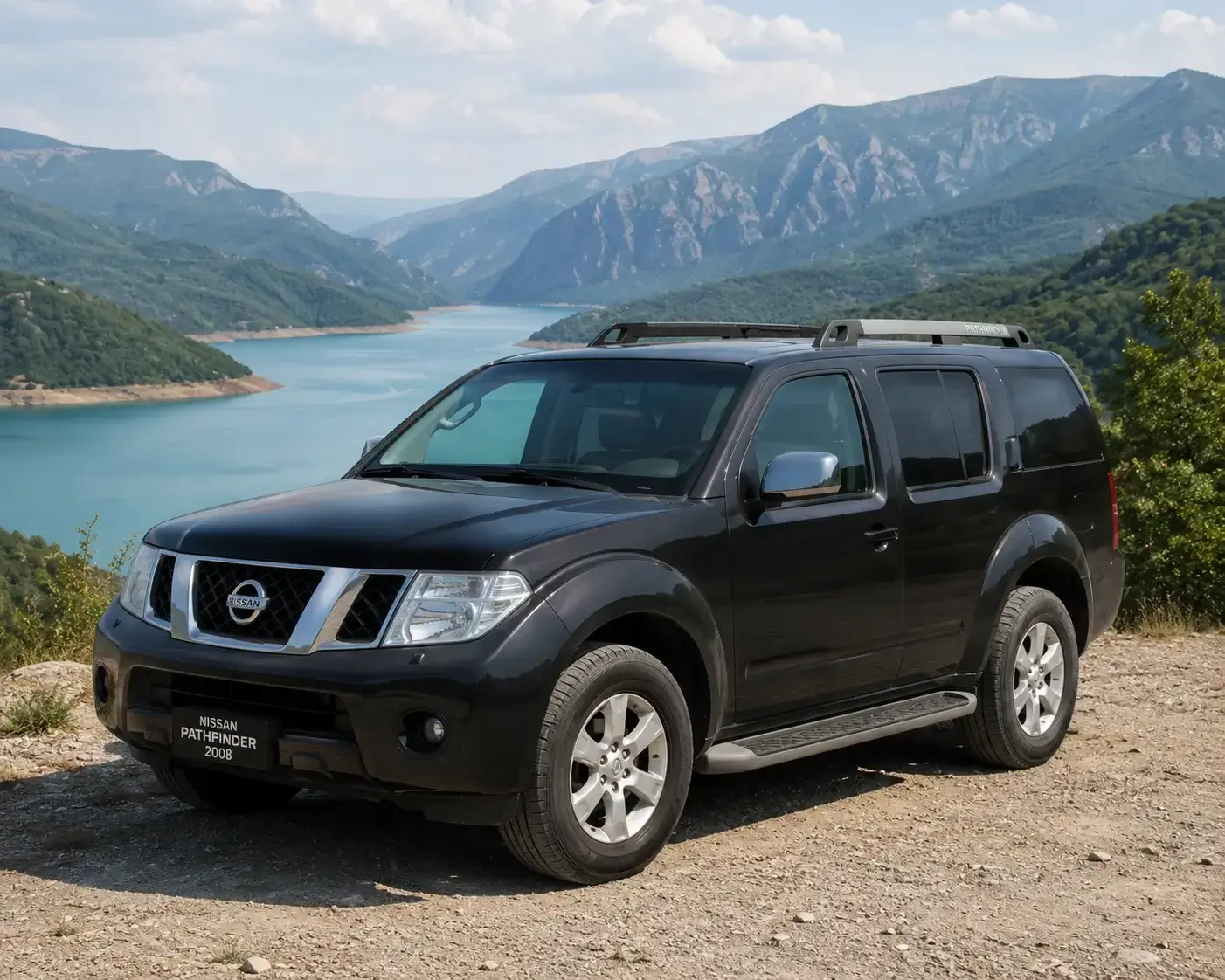 A black Nissan Pathfinder 4×4 parked on the gravel at a viewpoint high above the turquoise Lake Bovilla reservoir, with green mountain ridges rising behind it.