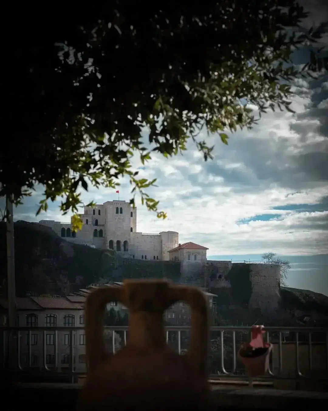 Krujë Castle on its wooded hilltop, the white stone Skanderbeg Museum tower flying the Albanian flag, framed by olive branches from a terrace below.